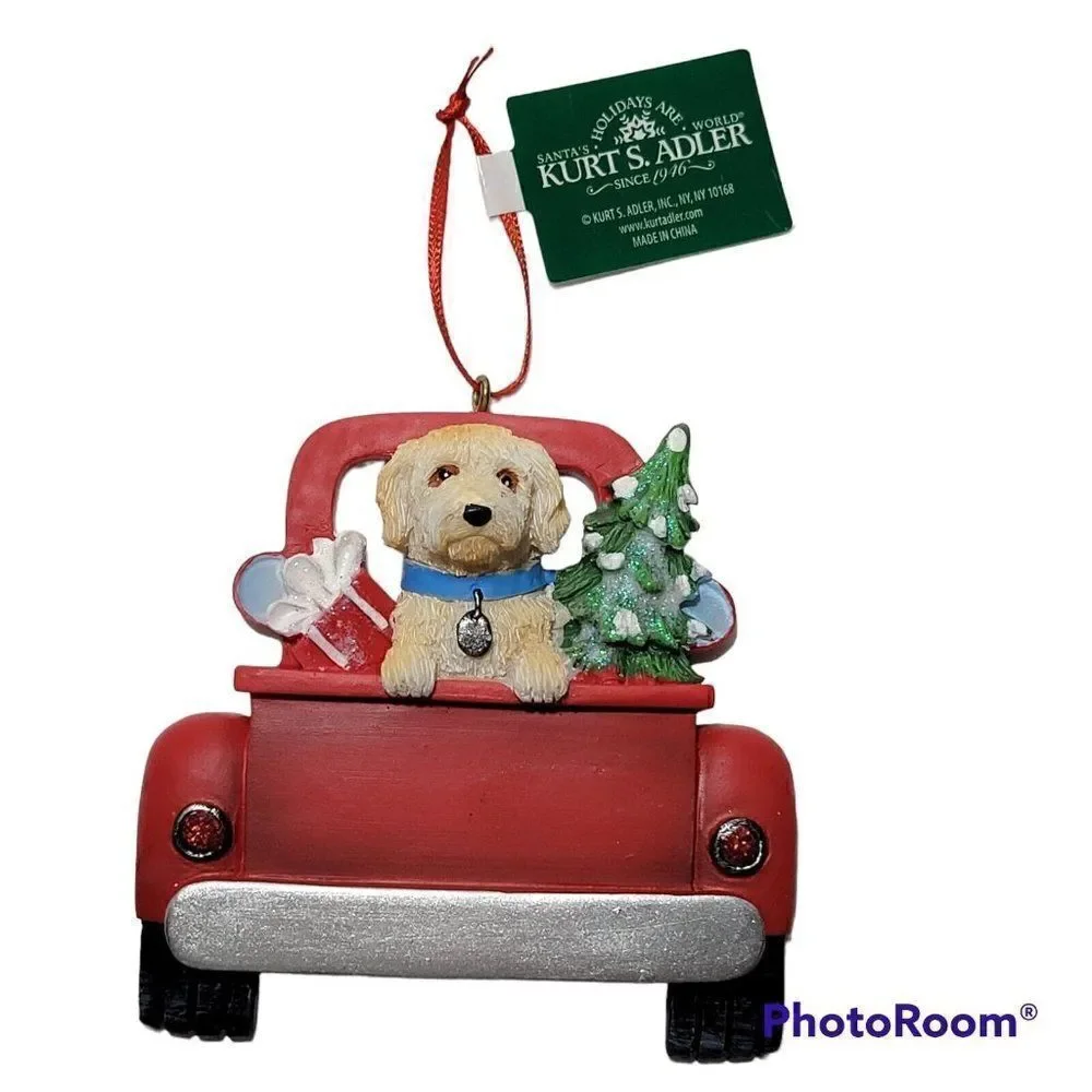 Kurt Adler Labradoodle Dog Christmas Ornament Red Truck Room to Personalize‎